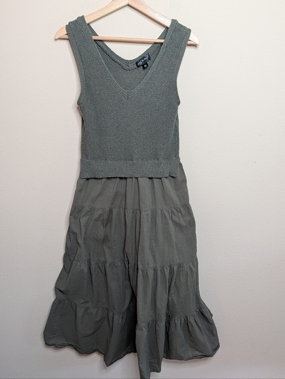 Say What Olive Sage Mixed Media Knit Bodice Tiered Midi Dress XL